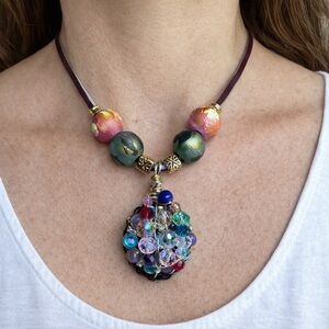 Artisan Jewelry Crystal Cluster Pendant Necklace on Leather Cord Handmade OOAK